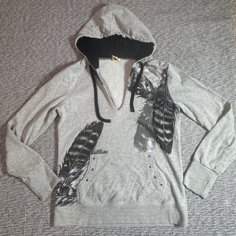 Roxy Womens Heather Grey Feather Graphic Studded V-Neck Pullover Hoodie Size M
